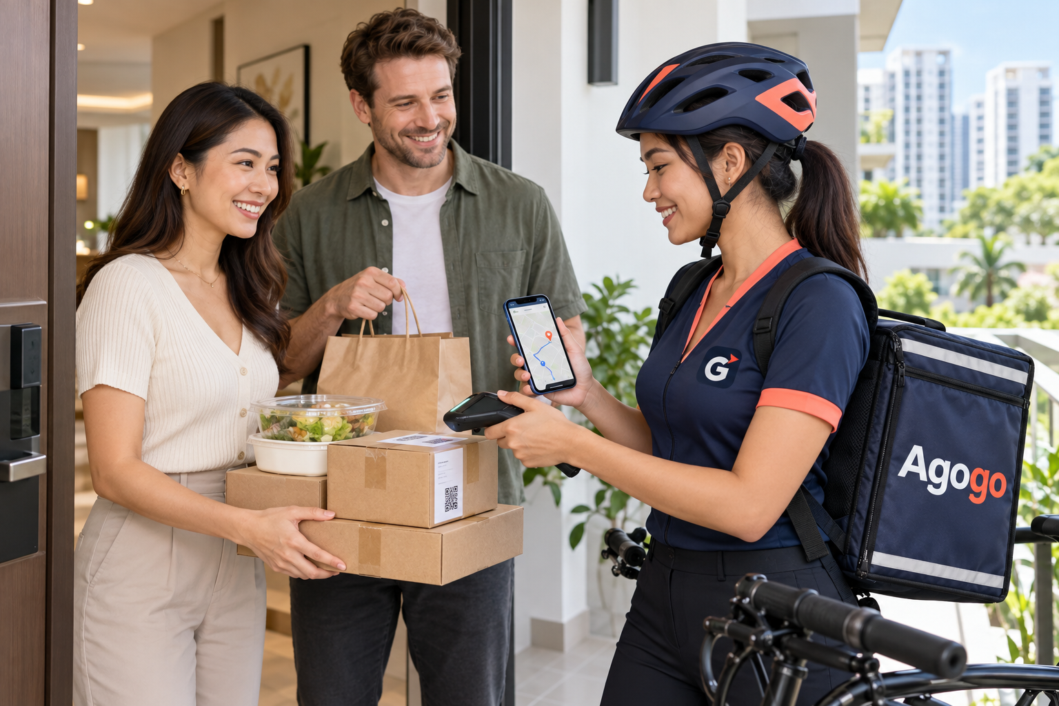Friendly adult customers handing a parcel to an Agogo delivery partner